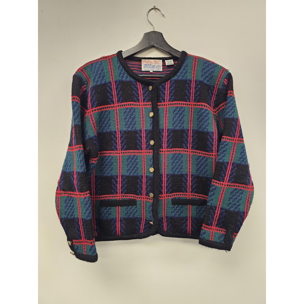 Tally-Ho Cardigan Sweater Womens‎ Medium Black Green Plaid Gold Buttons Pockets